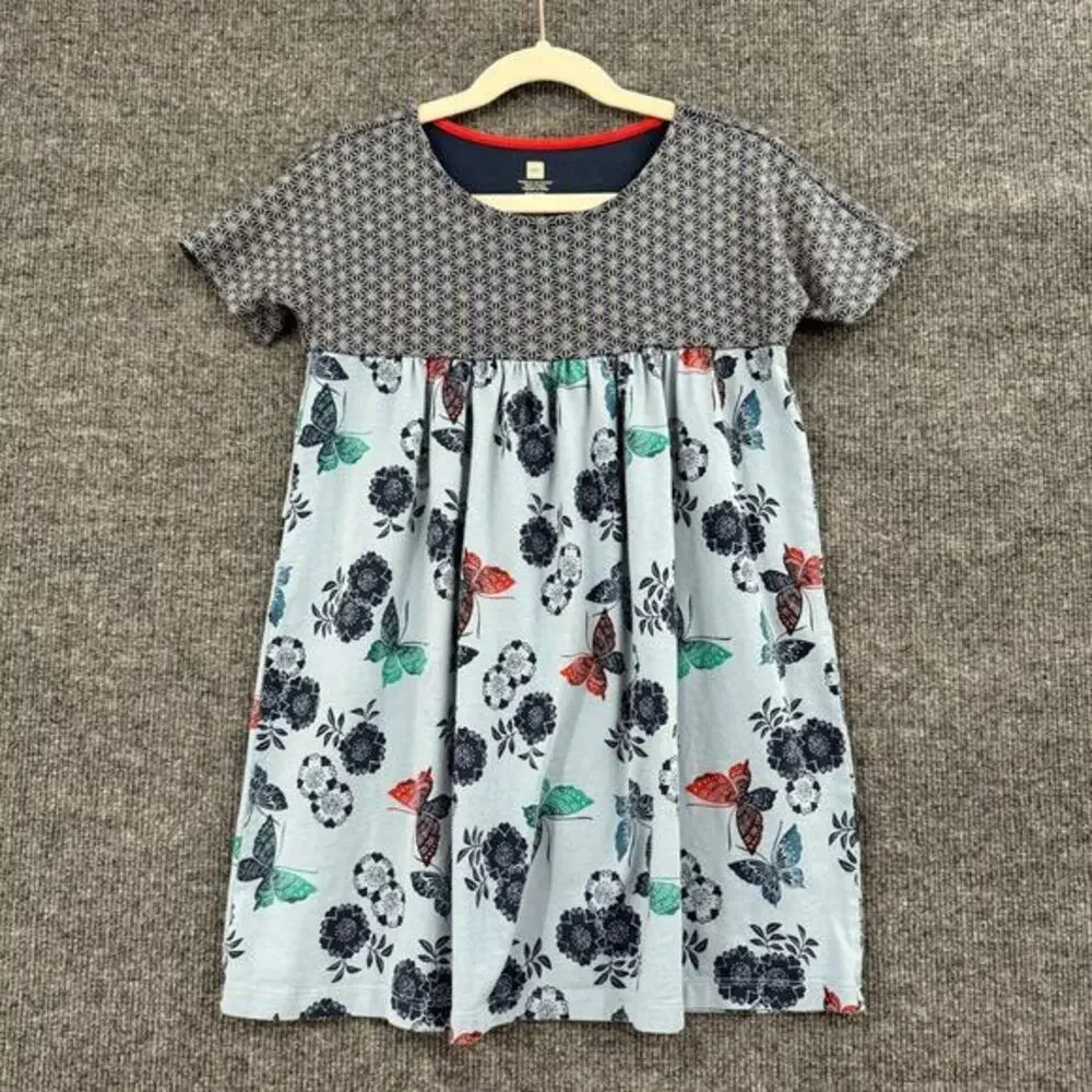 Tea Collection Girls Butterfly Empire Dress Size 6 Blue Short Sleeve Jersey Knit